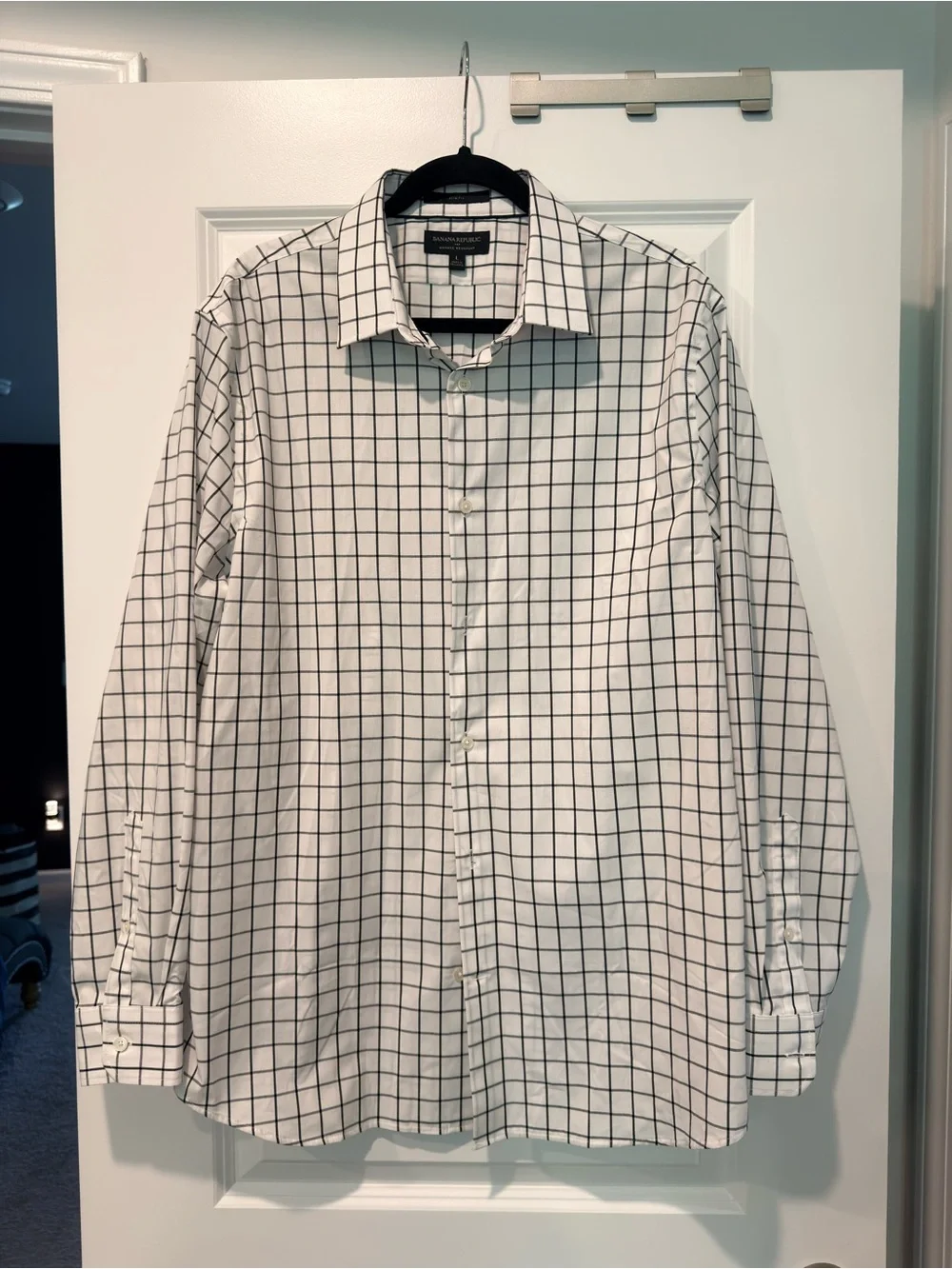 Banana Republic Men's White Dress Shirt with Black Windowpane Check